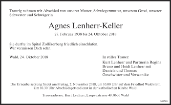 Traueranzeige von Agnes Lenherr-Keller von ZO Gesamt