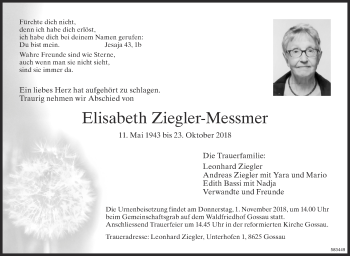 Traueranzeige von Elisabeth Ziegler-Messmer von ZO Gesamt