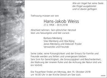 Traueranzeige von Hans-Jakob Weiss von ZO Gesamt