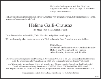 Traueranzeige von Hélène Galli-Crausaz von ZO Gesamt