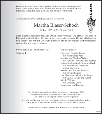 Traueranzeige von Martha Blaser-Schoch von ZO Gesamt