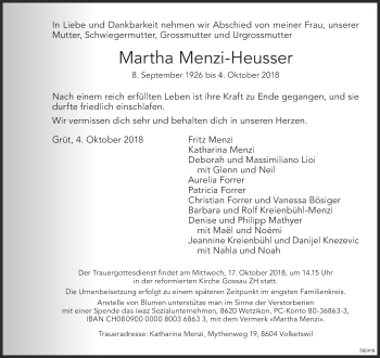 Traueranzeige von Martha Menzi-Heusser von ZO Gesamt