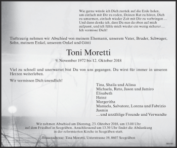 Traueranzeige von Toni Moretti von ZO Gesamt