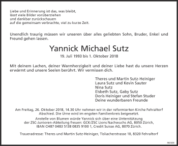 Traueranzeige von Yannick Michael Sutz von ZO Gesamt