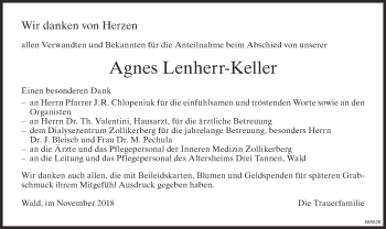 Traueranzeige von Agnes Lenherr-Keller von ZO Gesamt