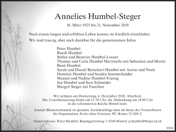 Traueranzeige von Annelies Humbel-Steger von ZO Gesamt