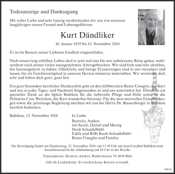 Traueranzeige von Kurt Dändliker von ZO Gesamt