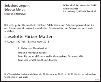 Traueranzeige von Lieselotte Färber-Matter von Glattaler