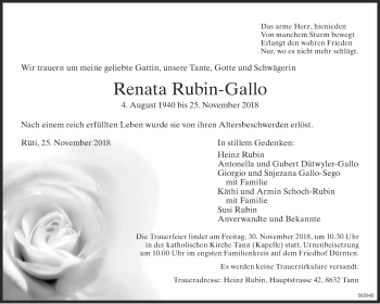 Traueranzeige von Renata Rubin-Gallo von ZO Gesamt