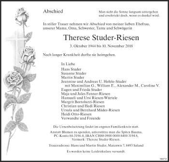 Traueranzeige von Therese Studer-Riesen von ZO Gesamt