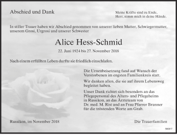 Traueranzeige von Alice Hess-Schmid von ZO Gesamt