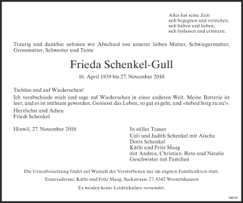 Traueranzeige von Frieda Schenkel-Gull von Glattaler