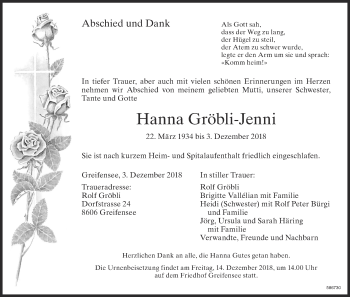 Traueranzeige von Hanna Gröbli-Jenni von ZO Gesamt