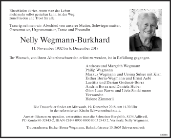 Traueranzeige von Nelly Wegmann-Burkhard von ZO Gesamt