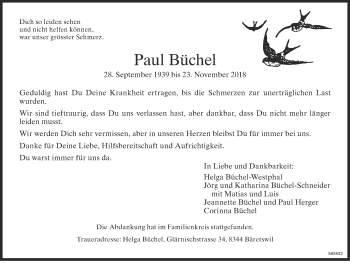 Traueranzeige von Paul Büchel von ZO Gesamt