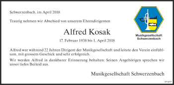 Traueranzeige von Alfred Kosak von Glattaler