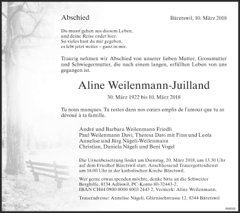 Traueranzeige von Aline Weilenmann-Juilland von ZO Gesamt