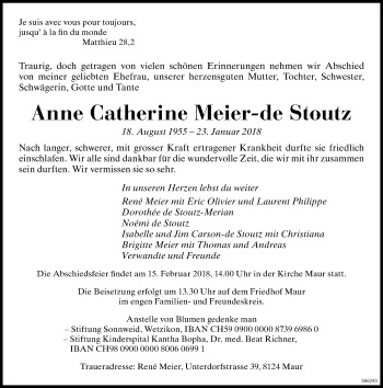 Traueranzeige von Anne Catherine Meier-de Stoutz von ZO Gesamt