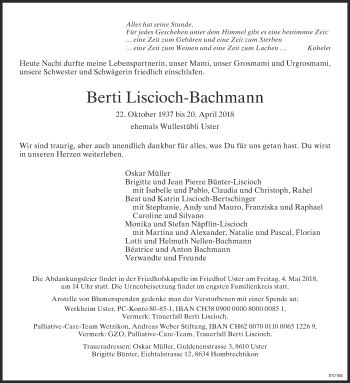 Traueranzeige von Berti Liscioch-Bachmann von ZO Gesamt