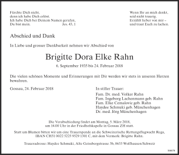 Traueranzeige von Brigitte Dora Elke Rahn von ZO Gesamt