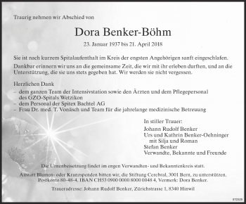 Traueranzeige von Dora Benker-Böhm von ZO Gesamt