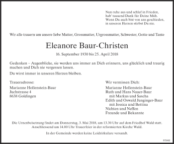 Traueranzeige von Eleanore  Baur-Christen von ZO Gesamt