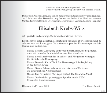 Traueranzeige von Elisabeth Krebs-Wirz von ZO Gesamt