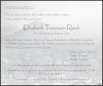 Traueranzeige von Elisabeth Trommer-Reich von ZO Gesamt