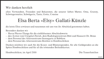 Traueranzeige von Elsa Berta Gallati-Künzle von ZO Gesamt