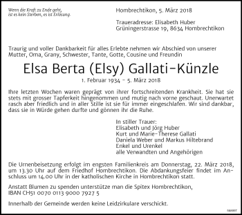 Traueranzeige von Elsa Berta Gallati-Künzle von ZO Gesamt