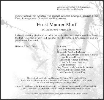 Traueranzeige von Ernst Maurer-Morf von ZO Gesamt