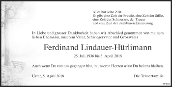 Traueranzeige von Ferdinand Lindauer-Hürlimann von ZO Gesamt