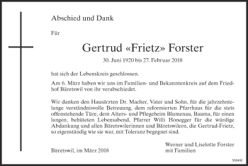 Traueranzeige von Gertrud Forster von www.zo-trauer.ch