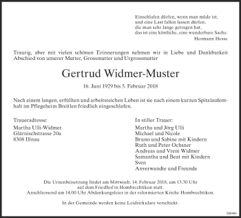 Traueranzeige von Gertrud Widmer-Muster von ZO Gesamt