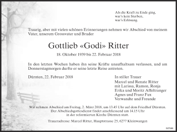 Traueranzeige von Gottlieb Ritter von ZO Gesamt