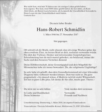 Traueranzeige von Hans-Robert Schmidlin von reg_1