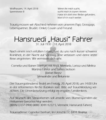 Traueranzeige von Hansruedi Fahrer von ZO Gesamt