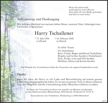 Traueranzeige von Harry Tschallener von Glattaler