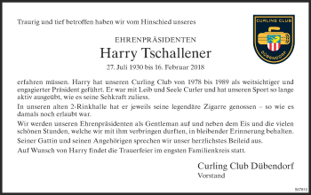 Traueranzeige von Harry Tschallener von Glattaler