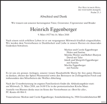 Traueranzeige von Heinrich Eggenberger von ZO Gesamt