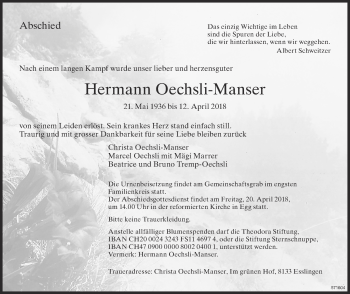 Traueranzeige von Hermann Oechsli-Manser von ZO Gesamt