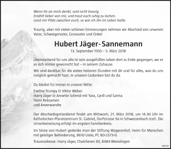 Traueranzeige von Hubert Jäger-Sannemann von ZO Gesamt