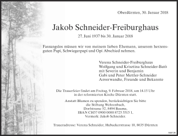 Traueranzeige von Jakob Schneider-Freiburghaus von ZO Gesamt