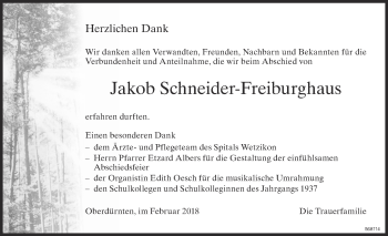 Traueranzeige von Jakob Schneider-Freiburghaus von ZO Gesamt