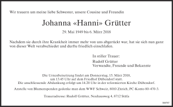 Traueranzeige von Johanna Grütter von Glattaler