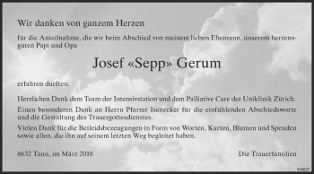 Traueranzeige von Josef Gerum von ZO Gesamt