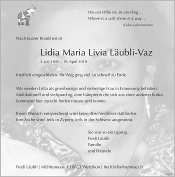 Traueranzeige von Lidia Maria Livia Läubli-Vaz von ZO Gesamt