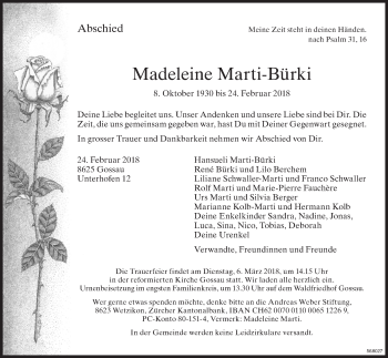 Traueranzeige von Madeleine Marti-Bürki von ZO Gesamt