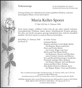 Traueranzeige von Margaretha Keller-Sporer von ZO Gesamt