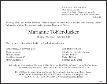 Traueranzeige von Marianne Tobler-Jucker von ZO Gesamt